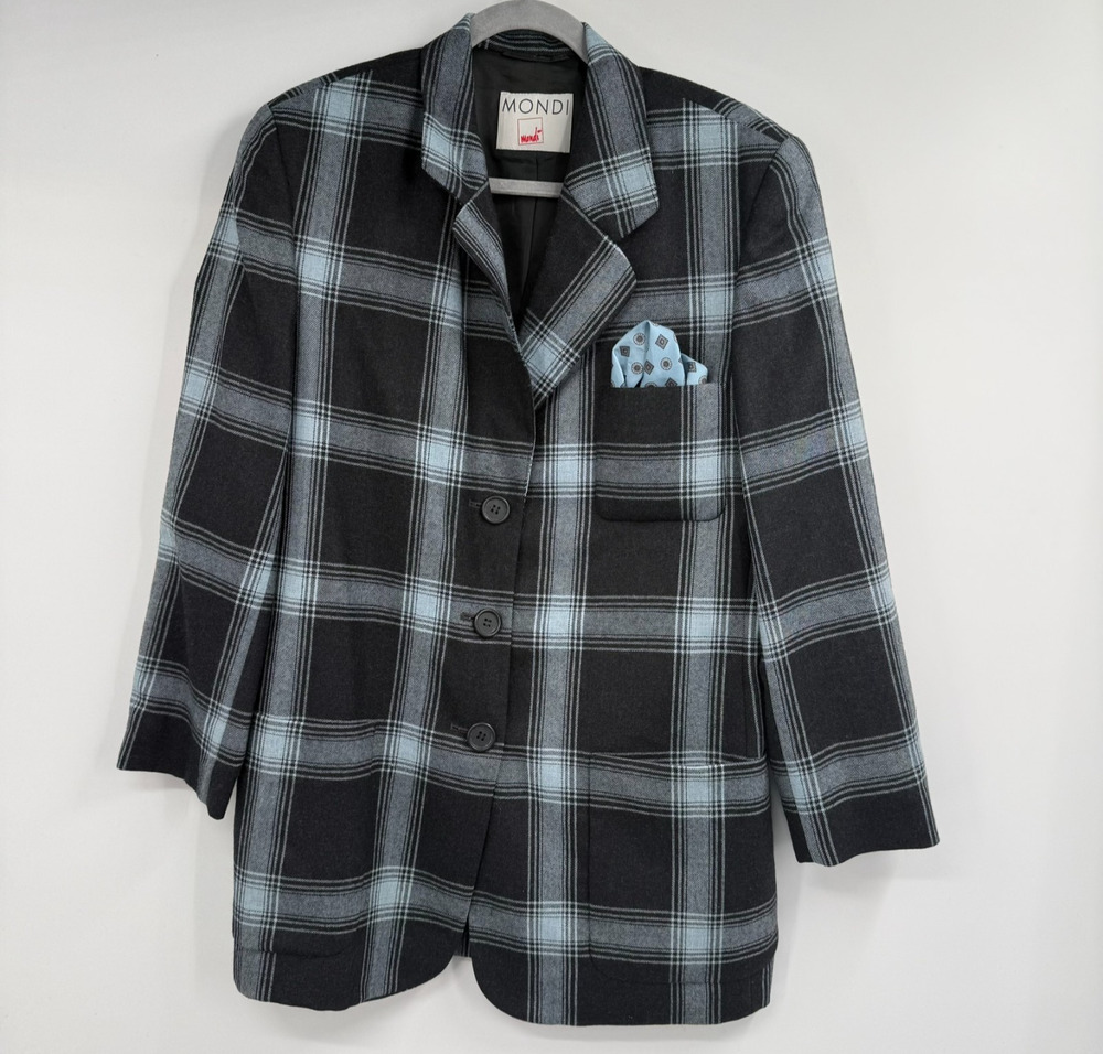 Mondi Plaid Wool Blazer Jacket Womens 8 Black Blue Check Vintage Pocket Square